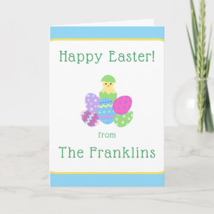 Tarjeta Festiva Huevos de pollito de Pascua y saludo azul brillant