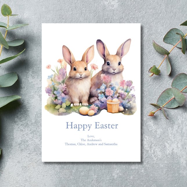 Tarjeta Festiva Huevos Florales Florales de Agua de Conejo Conejo  (Bunny Rabbit Floral Easter Eggs Watercolor Easter Card)