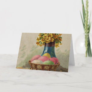 Tarjeta Festiva Huevos Flores Canasta Pascua Antigua
