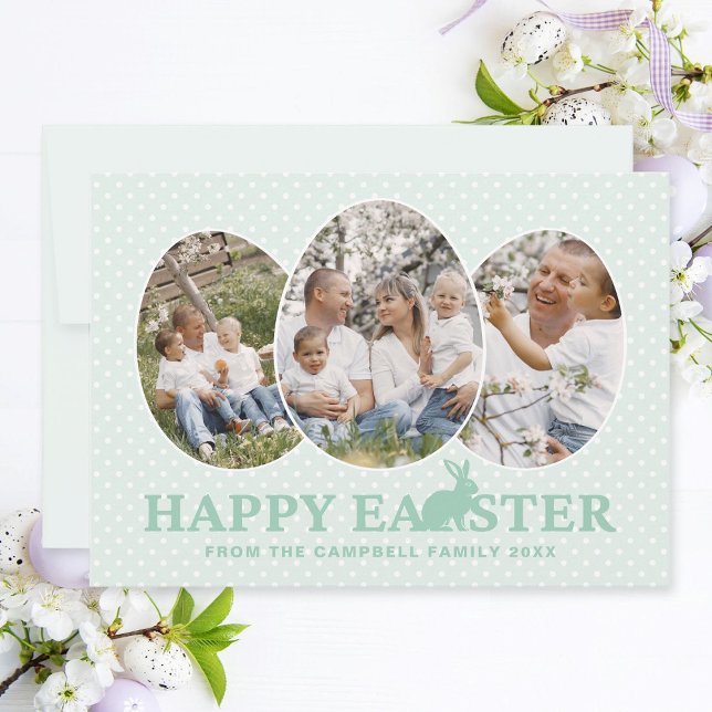Tarjeta Festiva Huevos modernos de fotos de juguetes pastel de la  (Easter family photo collage card with 3 egg-shaped photo frames, pastel mint text and bunny.)