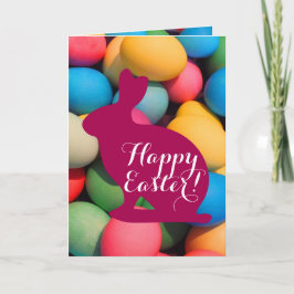 Tarjeta Festiva Huevos multicolores felices del conejito de pascua