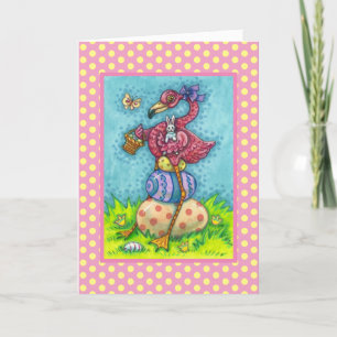 TARJETA FESTIVA HUEVOS ORIENTALES Y FLAMINGO DE ROSA DE BEBÉ CUTID