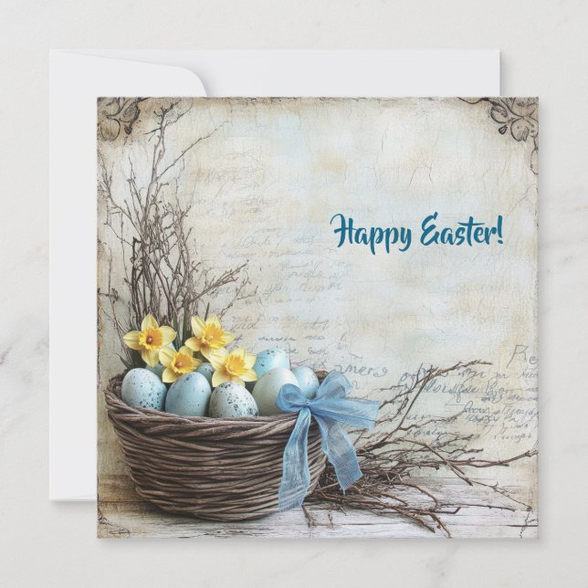 Tarjeta Festiva Huevos pasteles azules y amarillos de Pascua en re (Anverso)