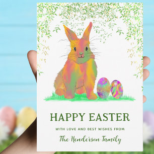 Tarjeta Festiva Huevos personalizados de conejo de Pascua acuarela