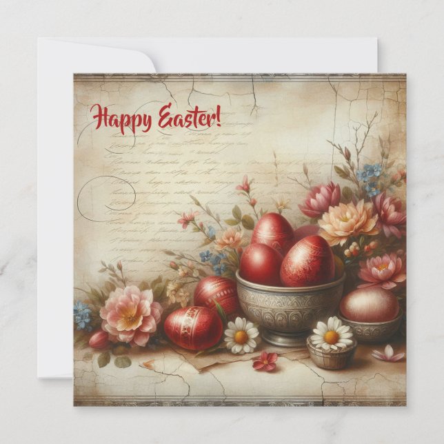 Tarjeta Festiva Huevos rojos Retro de Pascua Flores de primavera (Anverso)