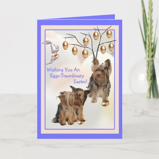Tarjeta Festiva Huevos Terrier de Yorkshire - Deseos Tradicionales (Anverso)