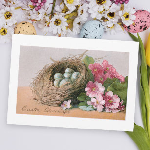 Tarjeta Festiva Huevos vintage de Pascua, polianuro de nido y rosa