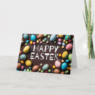 Tarjeta Festiva Huevos y dulces alegres y coloridos Feliz Pascua