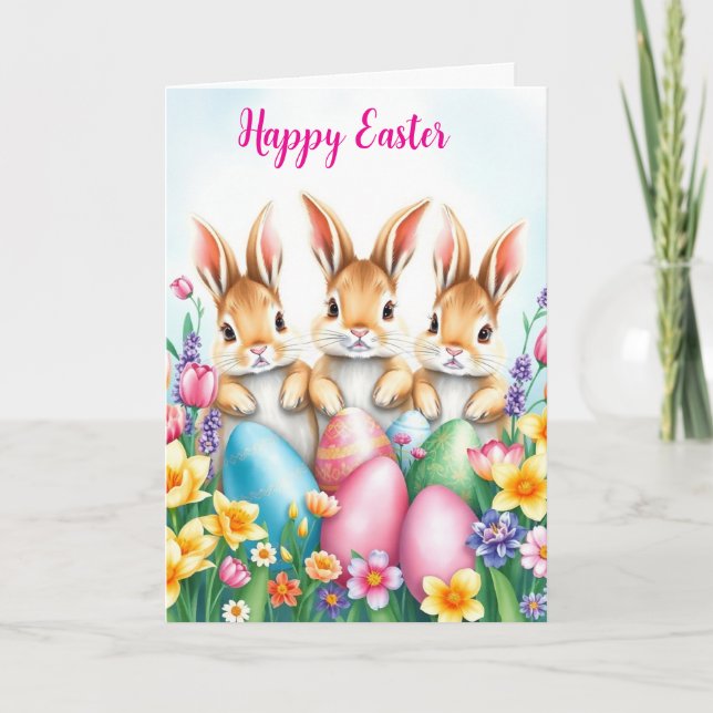 Tarjeta Festiva Huevos y flores de los conejillos de Semana Santa (Anverso)