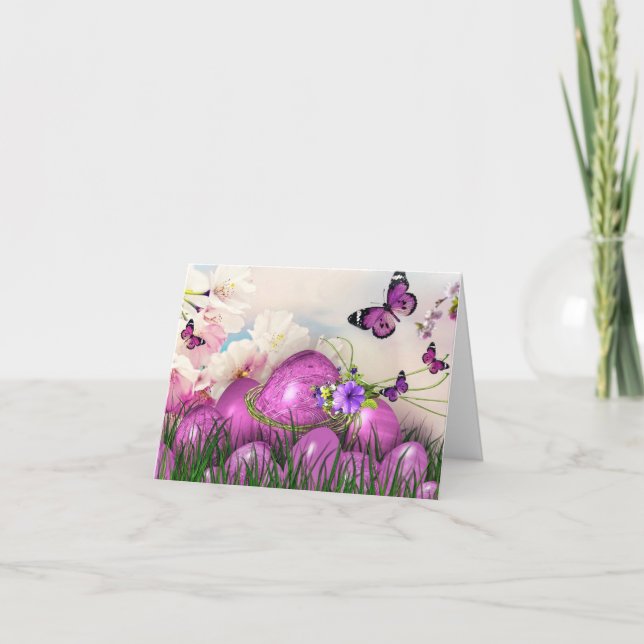Tarjeta Festiva Huevos y mariposas púrpura de Pascua (Anverso)