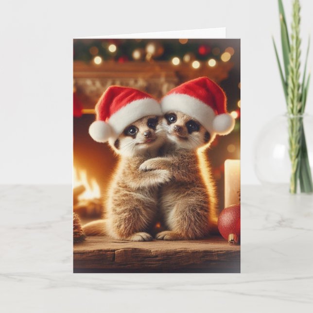 Tarjeta Festiva Hugging Meerkats Christmas Card (Anverso)