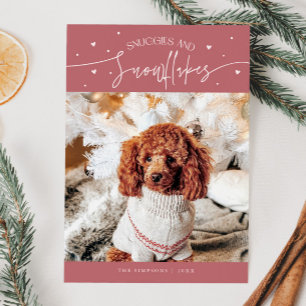 Tarjeta Festiva Huggs y Snowflakes Perro Foto Navidades Rosados
