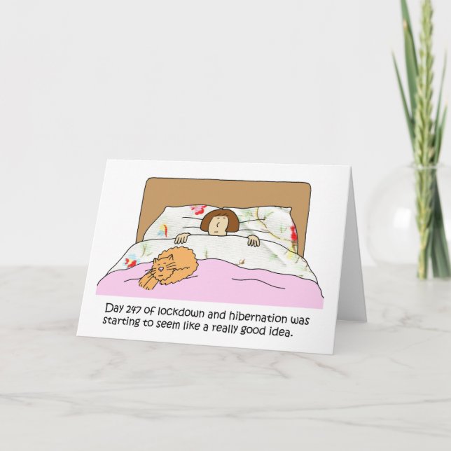 Tarjeta Festiva Humor Cómic Covid 19 Hibernación (Anverso)