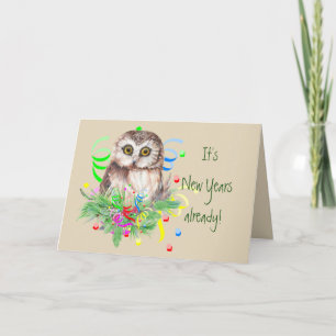 Tarjeta Festiva Humor de búho de Año Nuevo, pájaro acuarela