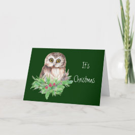 Tarjeta Festiva Humor de búho, pájaro acuarela para Navidades amab