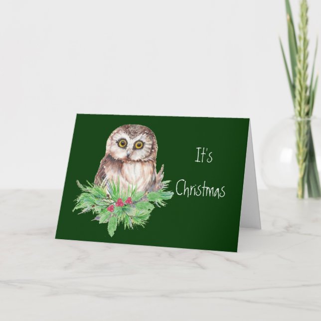 Tarjeta Festiva Humor de búho, pájaro acuarela para Navidades amab (Anverso)