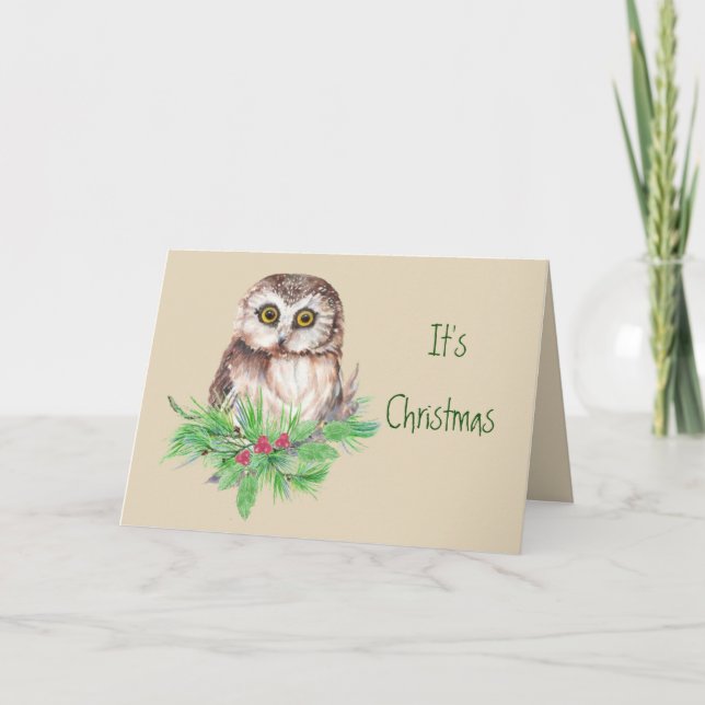 Tarjeta Festiva Humor de búho, pájaro acuarela para Navidades amab (Anverso)