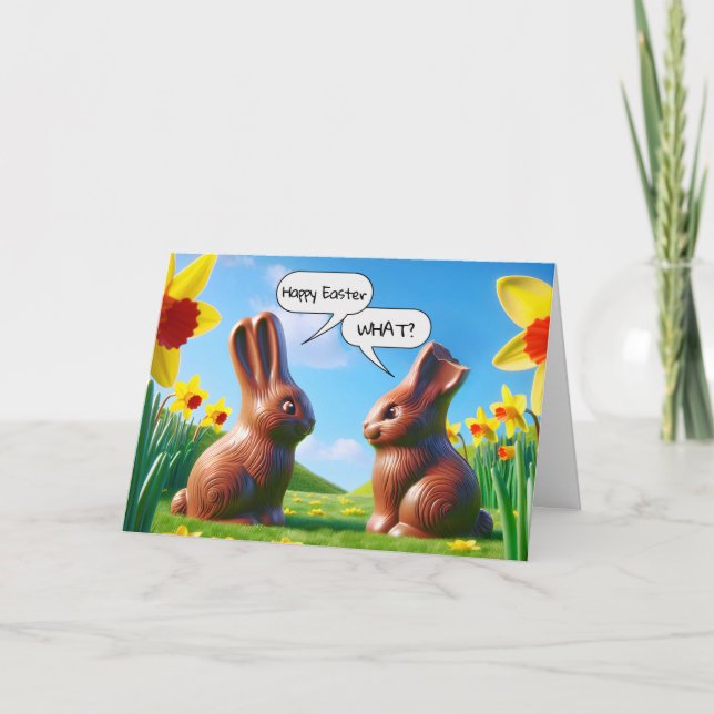 Tarjeta Festiva Humor de conejillos de chocolate de Pascua (Anverso)