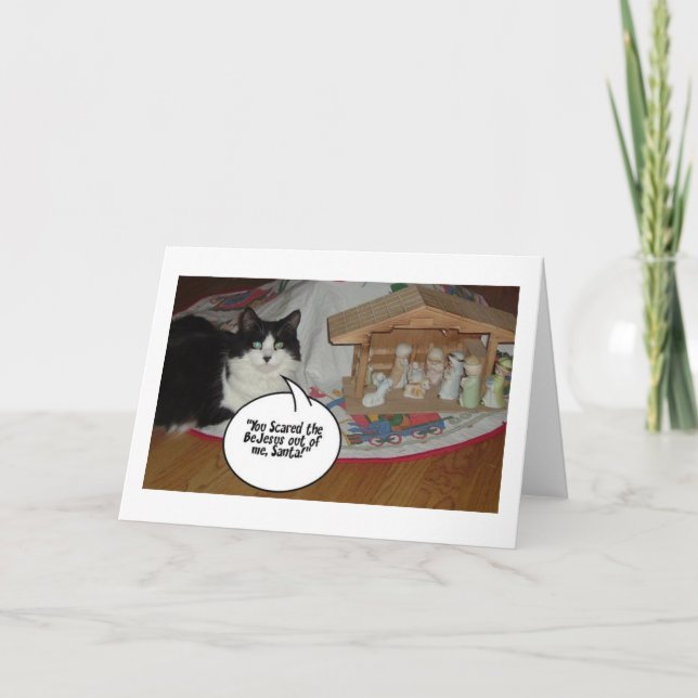 Tarjeta Festiva Humor de gato negro y blanco para navidades (Anverso)