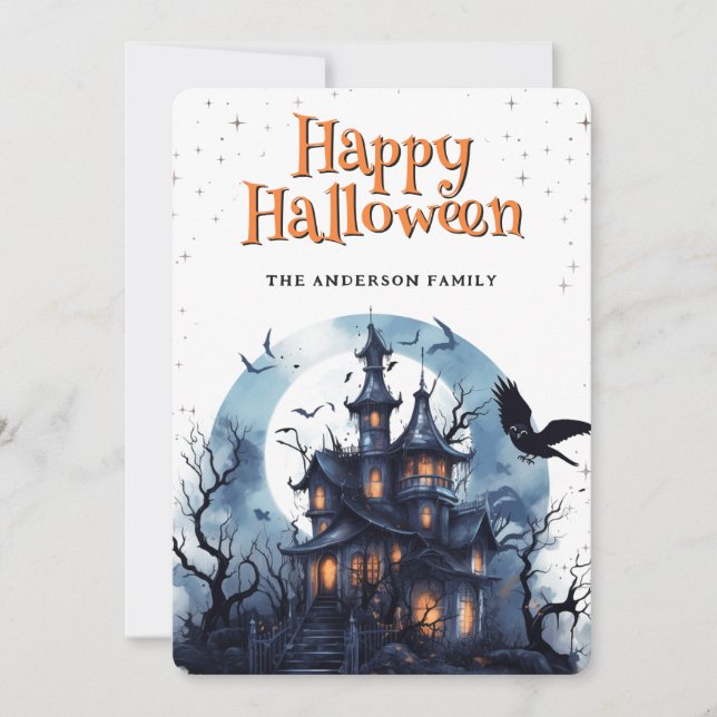 Tarjeta Festiva Hunted House Raven Bats Happy Halloween Card (Anverso)