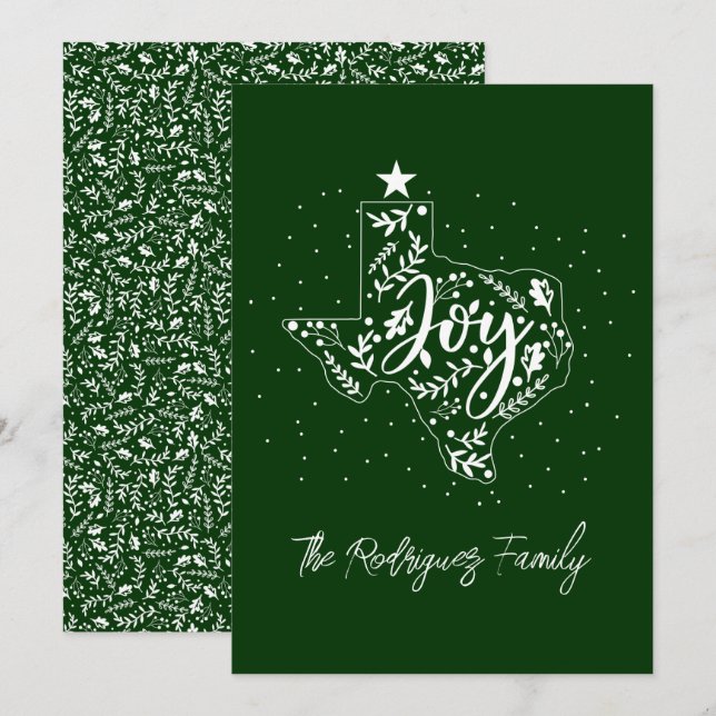 Tarjeta Festiva Hunter Green Joy Holiday deja forma a Texas (Anverso / Reverso)