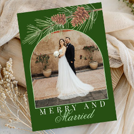 Tarjeta Festiva Hunter Green Pine Merry & Married Photo Christmas