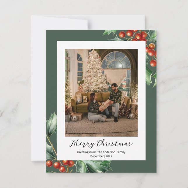 Tarjeta Festiva Hunter green retro holly (Anverso)