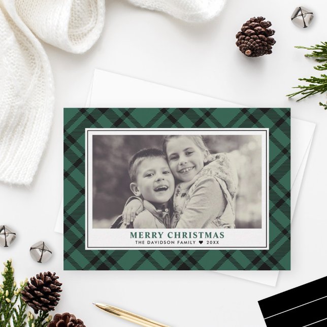 Tarjeta Festiva Hunter Green Tartan Plaid Merry Christmas Photo (Subido por el creador)