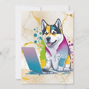 Tarjeta Festiva Husky Dog Computer Rainbow Watercolor Tech Savvy