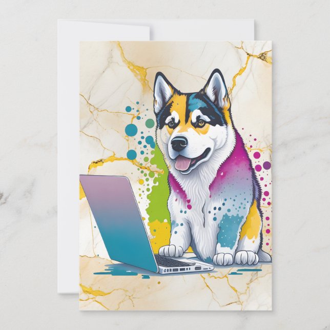 Tarjeta Festiva Husky Dog Computer Rainbow Watercolor Tech Savvy (Anverso)