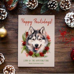 Tarjeta Festiva Husky Dog Navidades Happy Pawlidays Howlidays