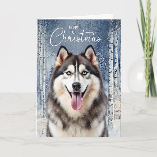 Tarjeta Festiva Husky Dog Snowy Winter Forest Christmas (Anverso)