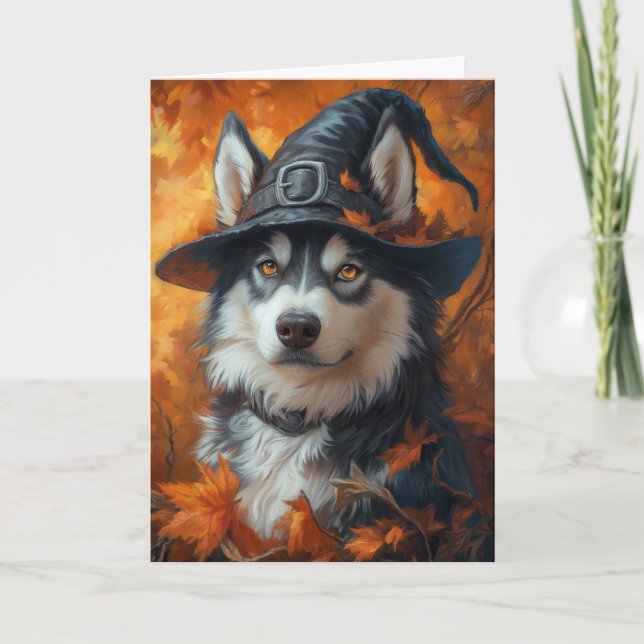 Tarjeta Festiva Husky Witch Halloween (Anverso)