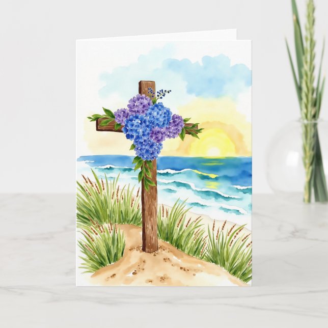 Tarjeta Festiva Hydrangea Cross Easter Religious Christian (Anverso)