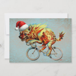 Tarjeta Festiva Hyena Montando Una Bicicleta Con Sombrero De Santa