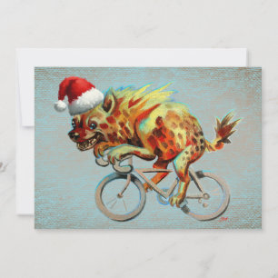 Tarjeta Festiva Hyena Montando Una Bicicleta Con Sombrero De Santa