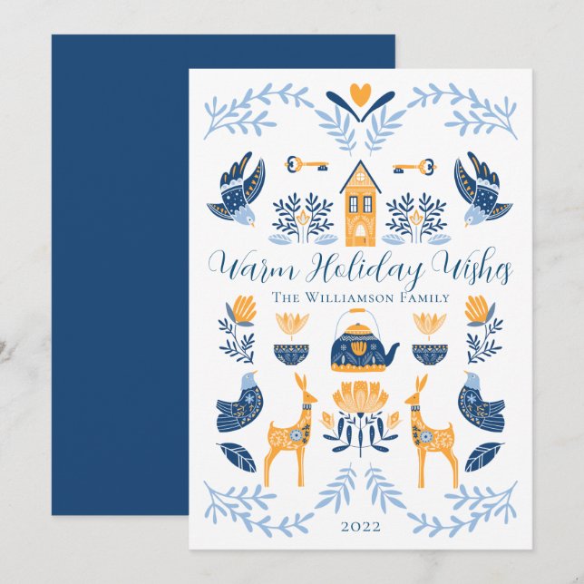 Tarjeta Festiva Hygge Azul | Felicitación Única y Cálida de Festej (Anverso / Reverso)