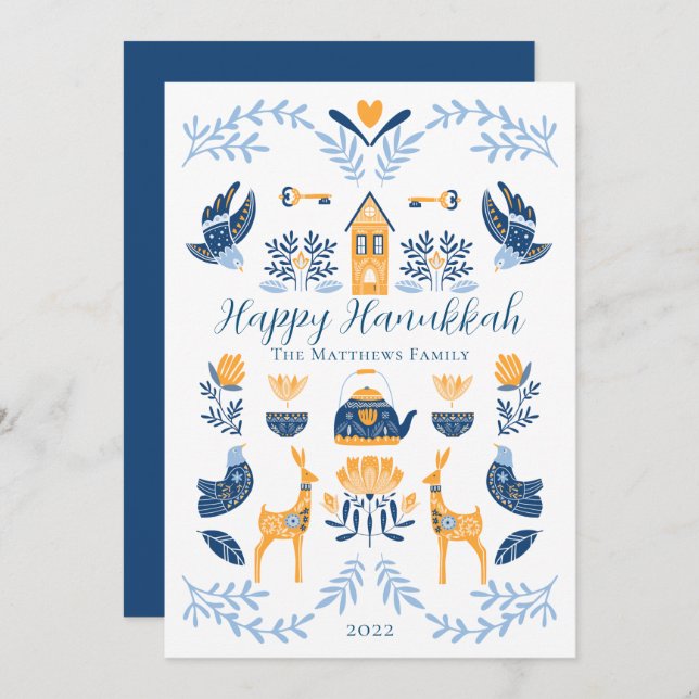Tarjeta Festiva Hygge Azul | Feliz Hanukkah Amarillo Único (Anverso / Reverso)