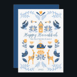 Tarjeta Festiva Hygge Azul | Feliz Hanukkah Amarillo Único<br><div class="desc">Perfecto para los saludos de las fiestas de invierno,  este diseño editable único de "Feliz Hanukkah" presenta una variedad de gráficos de estilo hygge dispuestos en un patrón único que es acogedor y alegre. Diseño compuesto por Holiday Hearts Designs.</div>