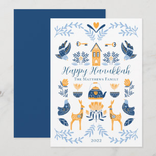 Tarjeta Festiva Hygge Azul   Feliz Hanukkah Amarillo Único