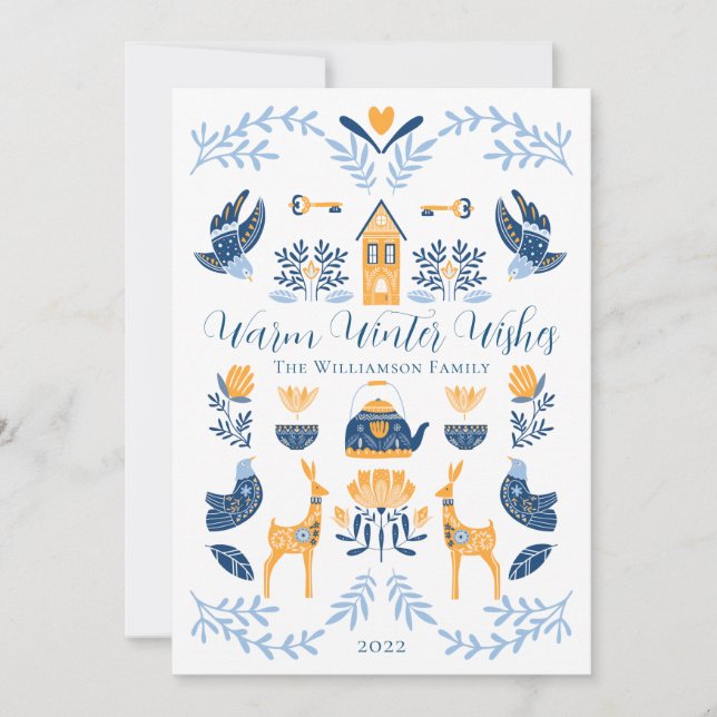 Tarjeta Festiva Hygge Blue | Deseos De Invierno Cálidos Singulares (Anverso)