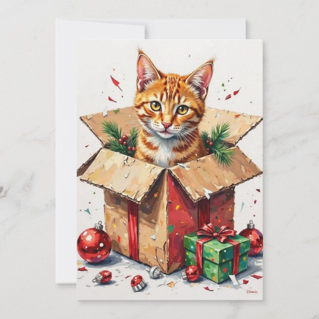 Tarjeta Festiva I Help Unpack! Funny Cat in Christmas Shipping Box (Anverso)
