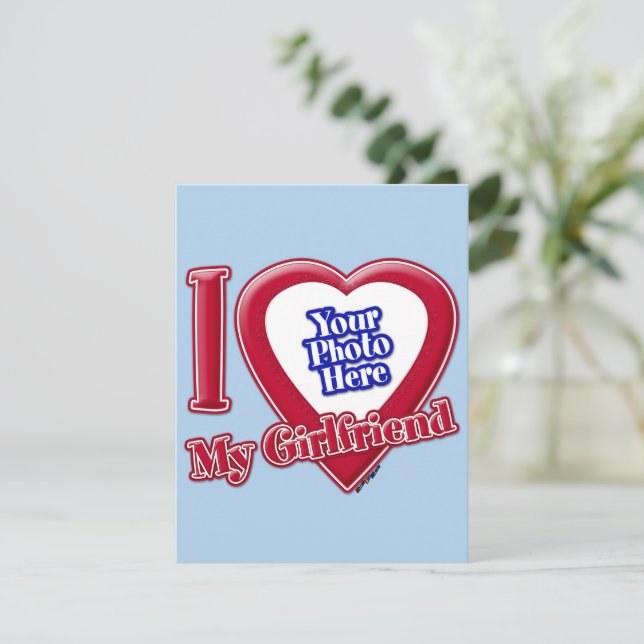 Tarjeta Festiva I Love My Girlfriend Photo Red Heart Light Blue (Anverso de pie)