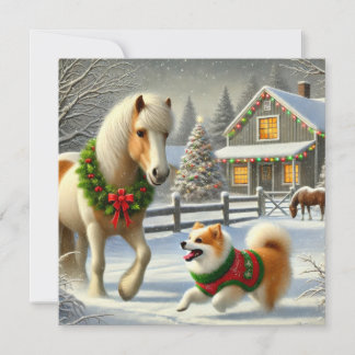 Tarjeta Festiva Icelandic Horse and Dog Christmas Card