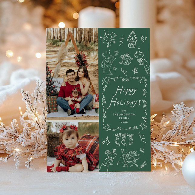 Tarjeta Festiva Iconos de mano verde oscuro dibujados Felices Fies (Subido por el creador)