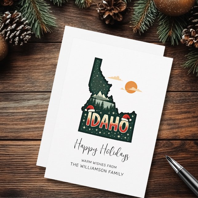 Tarjeta Festiva Idaho Map Happy HoliHoliHoliday Flat Holiday Card (Personalize with your Family Name,  Edit the greeting if you wish.)
