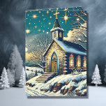 Tarjeta Festiva Iglesia de bonito en Navidades personalizados de i<br><div class="desc">tarjeta de Navidades personalizados bonito. Un espléndido fondo azul y blanco con copos de nieve blancos y destellos rodean una iglesia bonito y cruzan con vidrieras.</div>