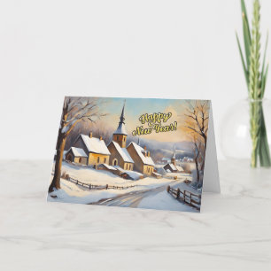 Tarjeta Festiva Iglesia de Invierno Feliz Año Nuevo