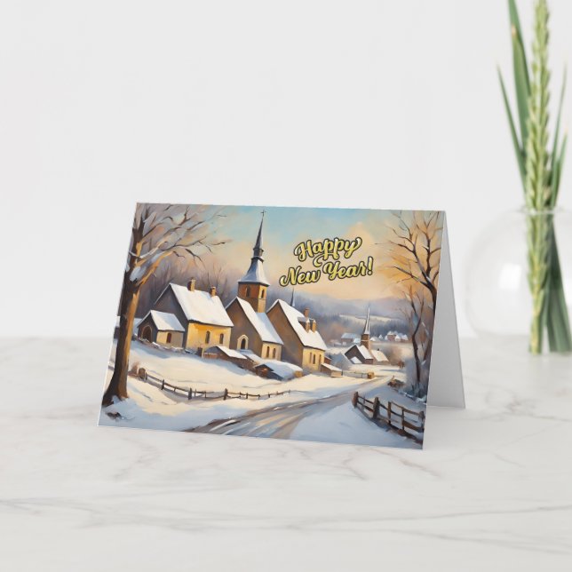 Tarjeta Festiva Iglesia de Invierno Feliz Año Nuevo (Anverso)