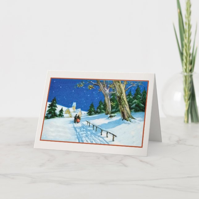 Tarjeta Festiva Iglesia de nieve de la pareja de ancianos de Navid (Anverso)